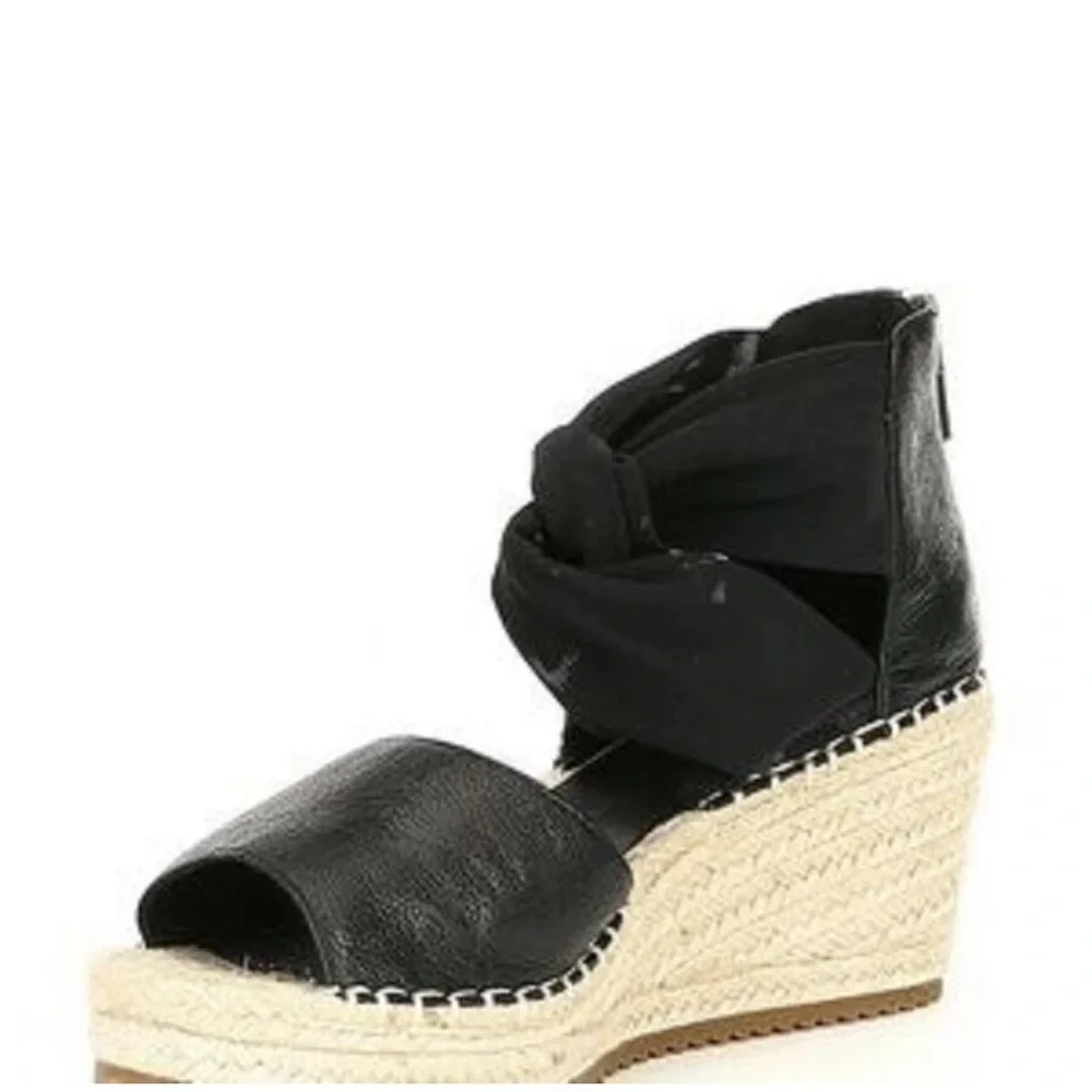 NWOB Eileen Fisher Wiley Black Leather Espadrille Wedge Sandals Size 7